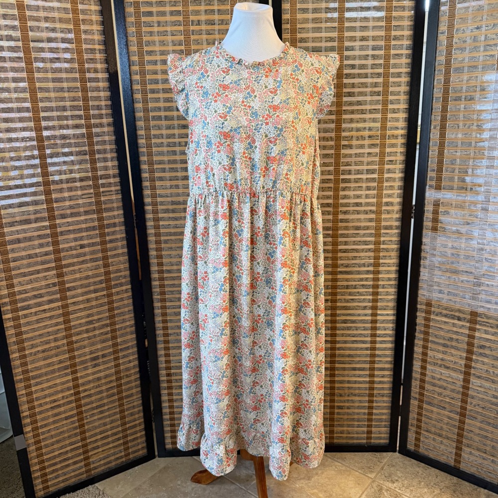 Roolee Floral Maxi Dress Womens Large Multi Color Ditsy Print Ruffle Flutter L